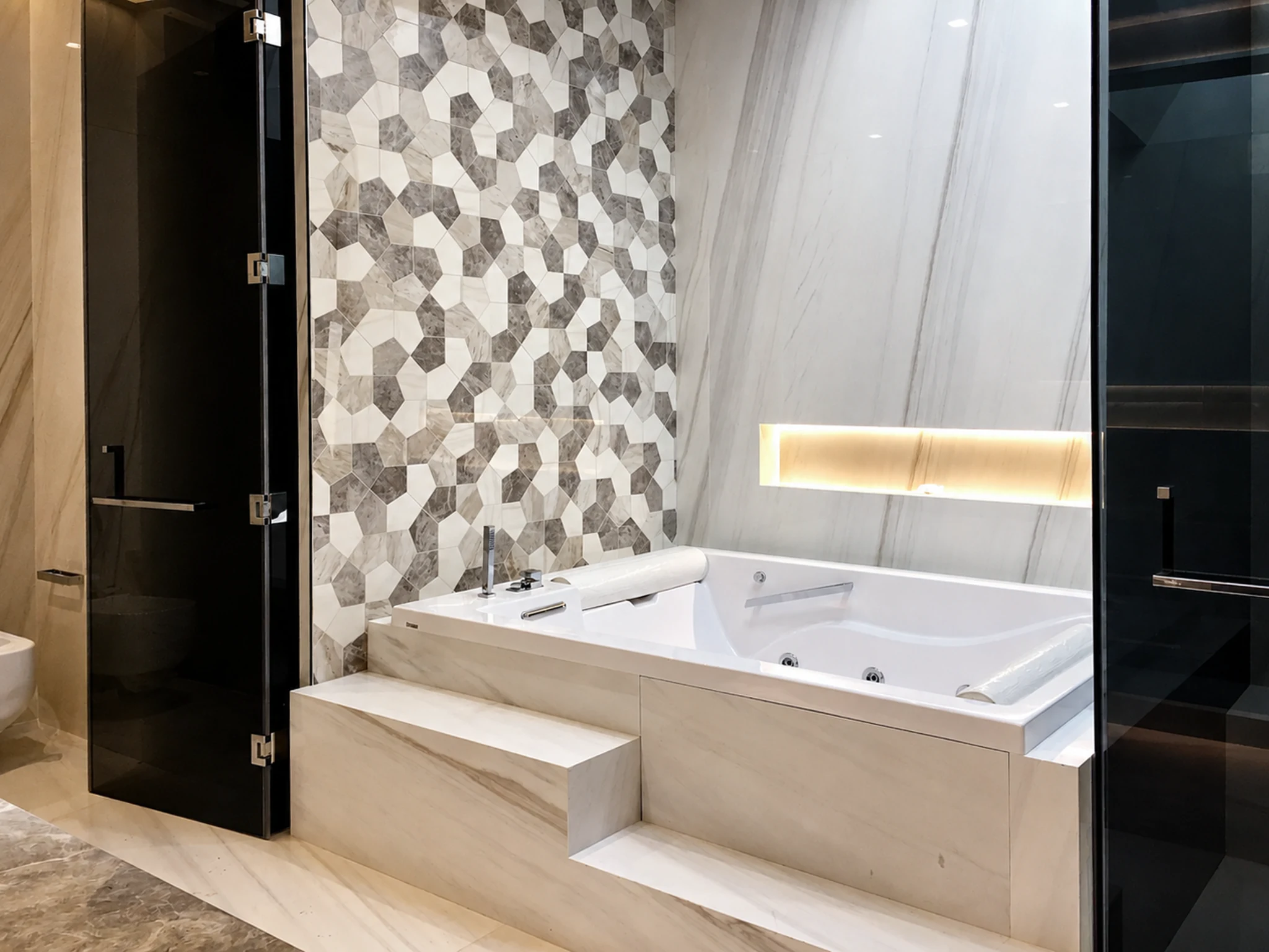 Bathroom, hexagon marble mosaic and tub — villa interior in Dubai by Soltis Interiors